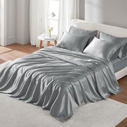Madison Park Essentials Satin Wrinkle-Free Luxurious and Silky with 16" Deep Pocket 6 Piece Durable Sheet Set, King, Grey