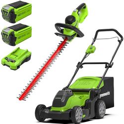 Greenworks Cortacésped con batería G40LM41K2X, Li-Ion 40V +Greenworks Cortacercos con batería G40HT