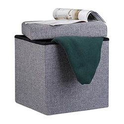 Relaxdays Tabouret pliant en lin pouf de rangement pliable repose-pieds de stockage carré 38 x 38 x 38 cm, gris foncé