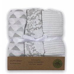Duffi Baby Babymull, 100% natuurlijke bamboe, 3 stuks, 55 x 70 cm, grijs design, variabele druk, mousseline doekjes, bamboe-mousseline