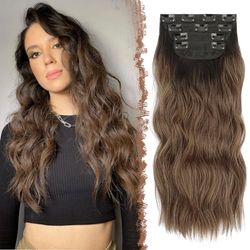 FESHFEN Extensiones de Clip de Pelo, 4 Piezas 11 Clips Cabello Extensiones con Clips en Extensiones de Cabello Postizo Sintético Ondulado 50 cm 180g Extensión de Cabello Castaño Ombre