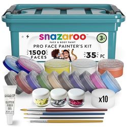 Snazaroo Face Painters Kit for Kids & Adults, 35 Pieces, 10 Colours, Brushes, Glitter Gels, Sponges, Guide, Water Based, Easily Washable, Makeup, Body Painting