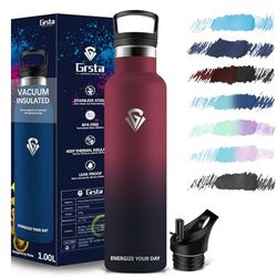 Grsta Borraccia Termica - 1 litro - Borraccia con Cannuccia, Borraccia Palestra, Borraccia Acciaio Inox Senza BPA, Bottiglia Termica Senza Perdite, per Sport, Scuola, Yoga