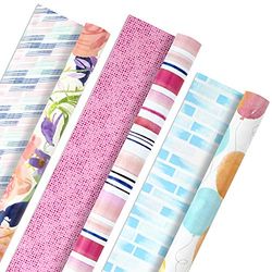 Hallmark Reversible Wrapping Paper Bundle (3 Rolls: 75 sq. ft. ttl.) Peach & Purple Flowers, Pink Stripes, Blue Balloons for Birthdays, Mothers Day, Weddings, Baby Showers, Bridal Showers, Easter