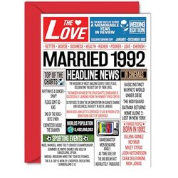 33rd Anniversary Cards for Men Women - Married 1992 Newspaper - Happy 33 Wedding Anniversary Card for Husband Wife Aunt Uncle Vintage Retro 1992, 5x7 Inch Greeting Cards