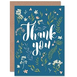 THANK YOU CARD - FLORAL FLOWERS PRETTY TYPOGRAPHY PATTERN BLUE