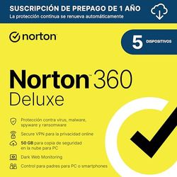 Norton 360 Deluxe 2025 |Antivirus 5 Dispositivos|1 año con renovación automática| Descarga digital