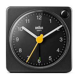Braun Classic Travel Analogue Alarm Clock with Snooze and Light, Compact Size, Quiet Quartz Movement, Crescendo Beep Alarm in Black, model BC02XB.