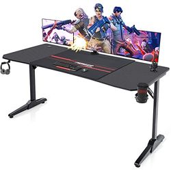 Devoko Gaiming Tafel 160 cm Gaming Bureau Gamer Computertafel Ergonomische PC Bureau met bekerhouder en hoofdtelefoonhouder T-vormig (zwart, 160 x 60 x 75 cm)