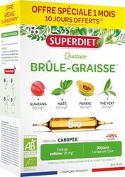 SUPERDIET-QUATUOR BRÛLE-GRAISSE BIO-Minceur-Thé vert, Papaye, Son d'avoine, Guarana-Fabrication française-FORMAT PROMO-30 ampoules de 10ml