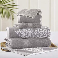 Modern Threads Amrapur Overseas | Artesia Damask 6 Piece Reversible Yarn Dyed Jacquard Towel Set (Grey)