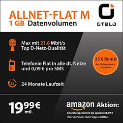 OTELO Allnet M SIM-Only Triple-SIM (SIM, Micro-SIM en nano-SIM, 24 maanden looptijd, 1 GB internet met maximaal 21,6 Mbit/s, telefonie-flat, 19,99 euro)