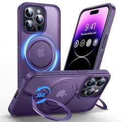 Anqrp Hoesje voor iPhone 14 Pro, met 360° verstelbare magnetische houder, compatibel met Mag, antislip, militaire kwaliteit, paars
