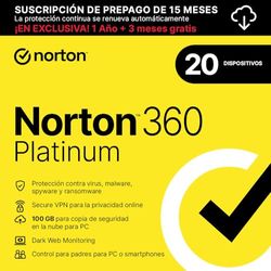 Norton 360 Platinum 2024 - Antivirus software para 20 Dispositivos y 15 meses de suscripción con renovación automática, Secure VPN y Gestor de contraseñas|PC/Mac/Ios/Android|Enviado por email