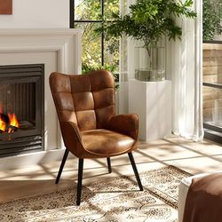 FurnitureR Tabourets de Salon, Suède Marron avec Dossier Haut Ergonomique et Pieds en Métal Noir, H45CM, Fauteuil de Lecture Décontracté Adapté au Bureau, à la Chambre à Coucher, 61 x 72 x 88cm
