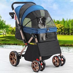 YITAHOME Huisdierbuggy met omkeerbaar handvat, opvouwbare hondenkinderwagen voor kleine honden, gaasramen, bekerhouder, 360° draaibare EVA-wielen met remmen (blauw)