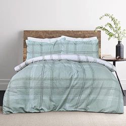 Sleepdown Waffle Green Check Reversible Duvet Cover Quilt Pillow Case Bedding Set Soft Easy Care - Single (135cm x 200cm)
