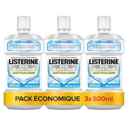 Listerine – Bain de bouche Soin Blancheur Goût Plus Léger 0% alcool (lot de 3 bouteilles de 500 ml) – Bain de bouche blancheur menthe douce – Sans alcool pour des dents plus blanches