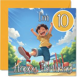 10th Birthday Cards for Boys - Anime Kid - Happy Birthday Card for 10 Year Old Boy Great Nephew Son Step Son Godson, 145mm Bday Greeting Cards