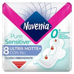 Nuvenia - Assorbente Pure Sensitive Ultra Notte con Ali - Superficie Delicata per Pelli Sensibili - Confezione da 8 Assorbenti