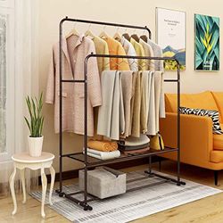 JURMERRY Heavy Duty Clothes Rail Double Poles Metal Coat Rail Freestanding Garment Rack with 2-Tier Lower Storage Shelf for Bedroom Home Office Indoor, Brown