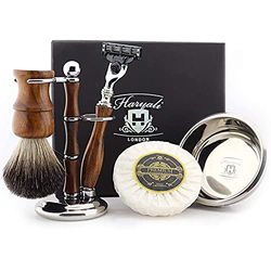 Haryali London Kit da barba – 5 pz Kit di rasatura in legno – 3 bordi rasatura lama rasoio – pennello da barba – sapone da barba – ciotola da barba – supporto da barba – set da barba come regalo