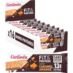 Gerlinéa Fit&Protein - Barres Protéinées saveur Caramel Amandes - Sans Sucres Ajoutés - 13 gr protéines par barre de 45g - Protéines Après le Sport - 16 barres