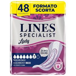 Lines Specialist Lady Maxi Women's Incontinence Pads with Zero Odor Technology and Protective Side Barriers, Monthly Stock, 4 Packs of 12 Units
