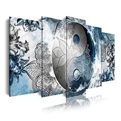 DecoArt – Moderne afbeeldingen met digitale print kunstdruk | decoratief canvas voor woonkamer of slaapkamer | Ying Yang stijl zen-abstracties kleuren blauw zilver | 5 stuks 150 x 80 cm