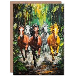 Artery8 Greeting Card Wild Horses Galloping Through Forest Oil Painting Blank For Him Or Her Art Birthday Card