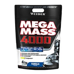 Weider Mega Mass 4000. Goût Vanille. Mélange protéiné pour prise de masse. Avec 3 protéines (lait, lactosérum, blanc d’œuf) et de la créatine. Pauvre en sucres. 4kg