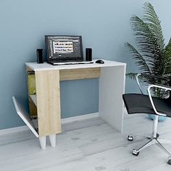 Homemania Paris Bureau avec des Étagères - du Salon, de la Chambre à Coucher, du Bureau, de l'étude -Blanc, Chêne en Bois, 90 X 50 X 75cm
