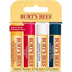 Burt's Bees Paquete múltiple de bálsamo labial, cera de abejas, fresa, coco y pera, vainilla, Best of Burt's, 4 x 4.25 gramos