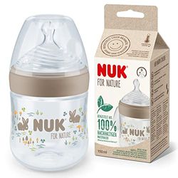 NUK for Nature-nappflaska | S-dinapp | 150 ml | Bröstliknande dinapp i silikon med antikolikventil | Temperaturkontroll | BPA-fri | Beige