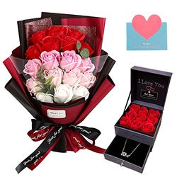 EIGHTOWN Roses Bouquet Fake Artificial Flower - Preserved Red Flowers with Love Necklace for Her - Unique Gifts Valentine's Day, Mother's Day, Thanksgiving, Birthday, Anniversary…
