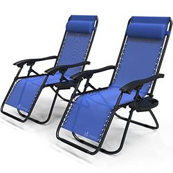 VOUNOT Set di 2 Sdraio da Giardino con Portabicchieri e Poggiatesta Regolabile, Sedia Pieghevole Zero Gravity da Esterno, Poltrona Relax, Carico Massimo 120kg, Blu