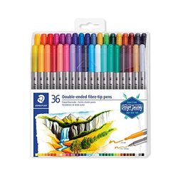 STAEDTLER 3200 TB36 Design Journey Double-Ended Fibre-Tip Pens with Thin & Wide Nibs - Assorted Colours (Pack of 36)