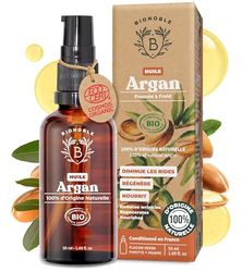 BIONOBLE Huile d'Argan Bio 100% Pure, Pressée à Froid au Maroc - Répare et Nourrit, Anti-Âge - Huile Argan Cheveux, Visage, Corps - Vegan - Flacon Verre avec Pompe et Pipette - 50ml
