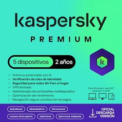 Kaspersky Premium Total Security 2025 | 5 Dispositivos | 2 años | Anti-Phishing y Firewall | VPN ilimitada | Gestor de contraseñas | Control parental | Soporte 24/7 | PC/Mac/Móvil | Código por email