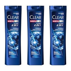 Clear Men Shampooing Antipelliculaire pour tous les types de cheveux et de cuir chevelu Action 2in1 jusqu'à 100% de protection contre les pellicules* 3x 225 ml
