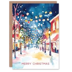 Artery8 Colourful City Street Lights Winter Watercolour Blank For Him Or Her Art Christmas Card
