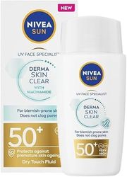 NIVEA SUN - Derma Skin Face UV Fluid Clear FPS 50+ - Ochrona przeciwsłoneczna UVA/UVB - Zapobiega trądzikowi - Niekomedogenny - Niacynamid - Lekka i nietłusta formuła - Skóra normalna - 40 ml