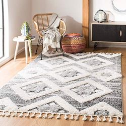 SAFAVIEH Shaggy MTS664 Tapis d'intérieur rectangulaire tressé Collection Shag Tassel Marocaine Gris/Blanc Ivoire 201 x 279 cm