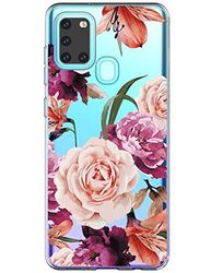 Compatible para Samsung Galaxy A21S Funda Transparente Ultrafina TPU Suave Silicona Carcasa Resistente Flexible Diseño Flores Anti-Choques Antideslizante Case de Silicona para Samsung Galaxy A21S.