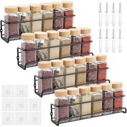 ASelected Set of 4 Metal Spice Racks Black Spice Racks with 8 Stickers and Screws Kitchen Cabinet Pantry Door Spice Organiser - 29×6.8×6.5 CM