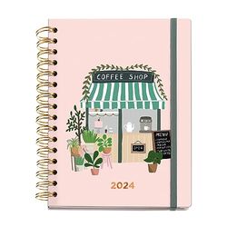 Miquelrius - Agenda Annuel 2024 Amateurs de Café, Vue Semaine, Grand Format 155 x 213 mm (similaire A5), Couverture Rigide, Reliure Spirale, Fermeture en Caoutchouc, Multilingue, Coffee Shop Rose