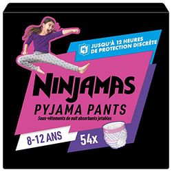Pampers Pampers Ninjamas Majtki nocne/pieluchy dla dziewczynek (27-43 kg), 54 majtki piżamowe, 8-12 lat, miesięczne pudełko, chłonne majtki, ochrona przed wyciekiem na całą noc