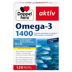 Doppelherz – Omega-3 1400 – Teneur élevée en acides gras Oméga 3 EPA et DHA & vitamine E – Pour la bonne fonction cardiaque – Huile de poisson de mer – 120 gélules