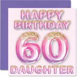 60th Birthday Card for Daughter - Pink & Purple Glitter Balloons - Happy Birthday Cards for 60 Year Old Daughter from Mum Dad Parents, 145mm Bday Greeting Cards Gift