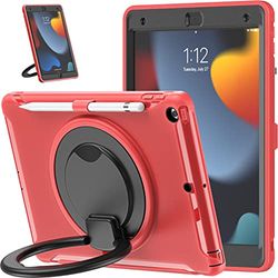 Visaccy Case for iPad 9/8/7 Generation 10.2 Inch, Slim Silicone TPU Bumper Shockproof Armor Case with Rotatable Stands, Pencil Holder, Red